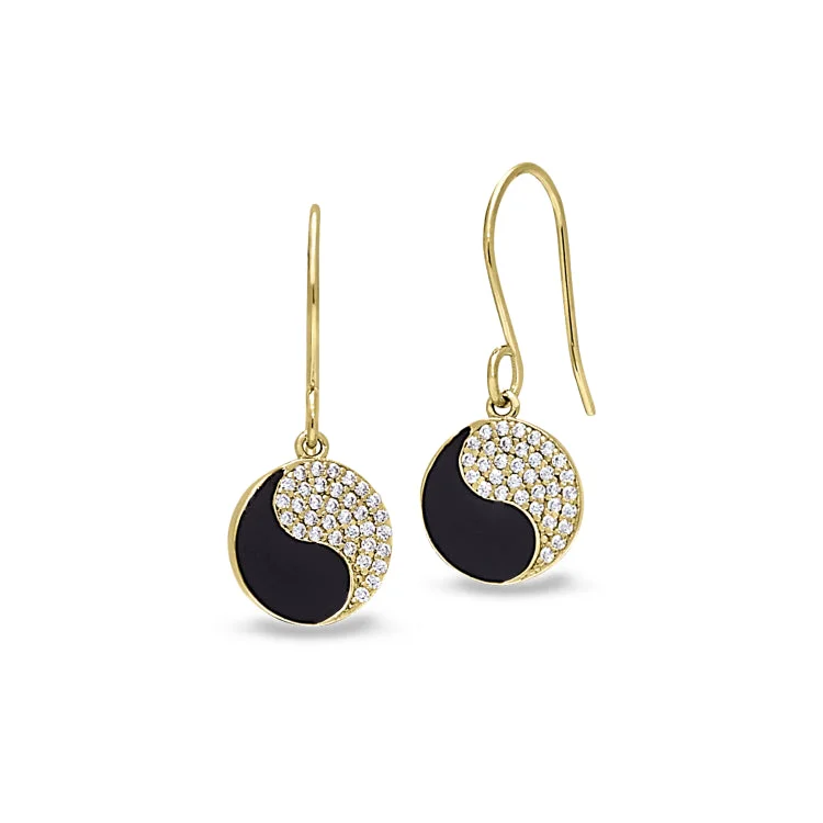 Gold Vermeil Sterling Silver Micropave Black Enamel Yin Yang Earrings with Simulated Diamonds