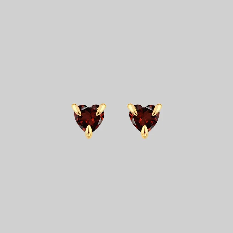 HEART & SOUL. Garnet Heart Stud Earrings - Gold