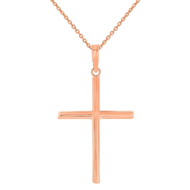 High Polished 14K Rose Gold Plain Slender Cross Pendant with Chain Necklace