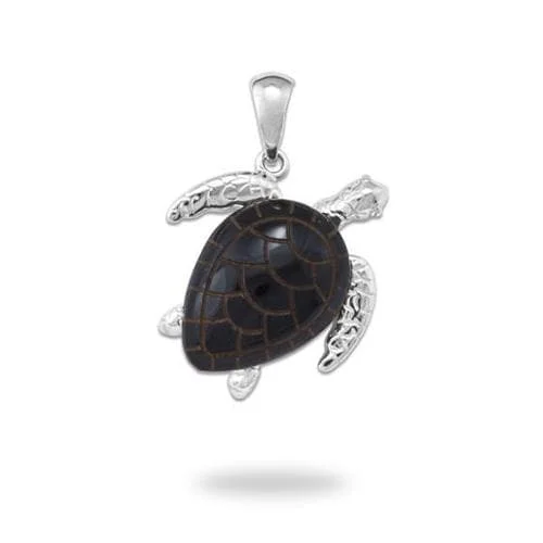 Honu Black Coral Pendant in White Gold - 19mm