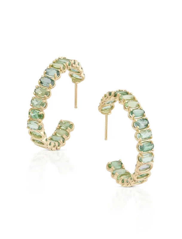 Oval Shaped, 18K Yellow Gold + Light Green Tourmaline Hoop Earrings