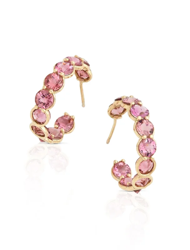 Round Faceted, 18K Yellow Gold + Pink Tourmaline Hoop Earrings