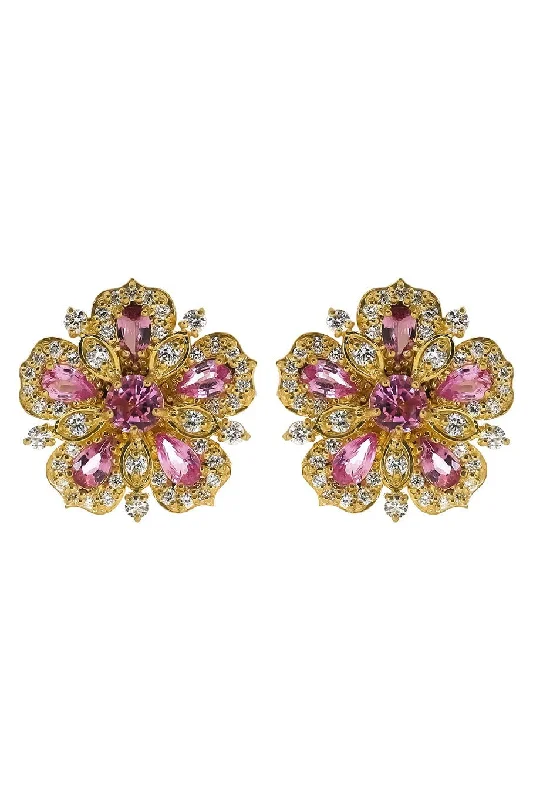 Jasmine Bloom Pink Sapphire & Diamond Flower Stud Earrings