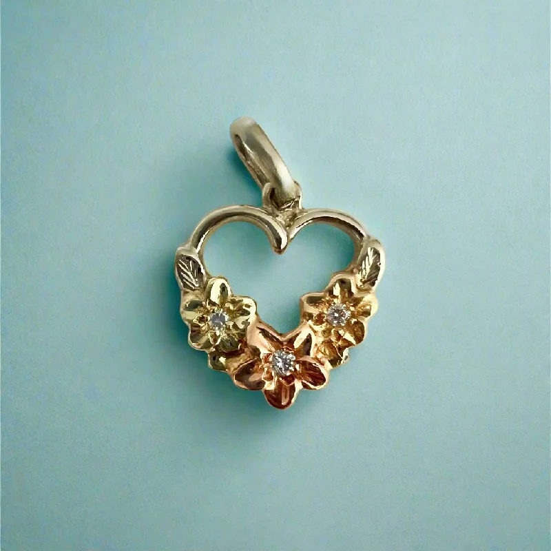 Multicolor Three Plumeria Heart Pendant w/ Diamonds in 14K Gold