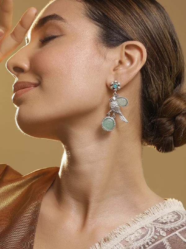 Oxidized Rhodium Plated Drop Earrings with Aqua Green Stone and Bird Design