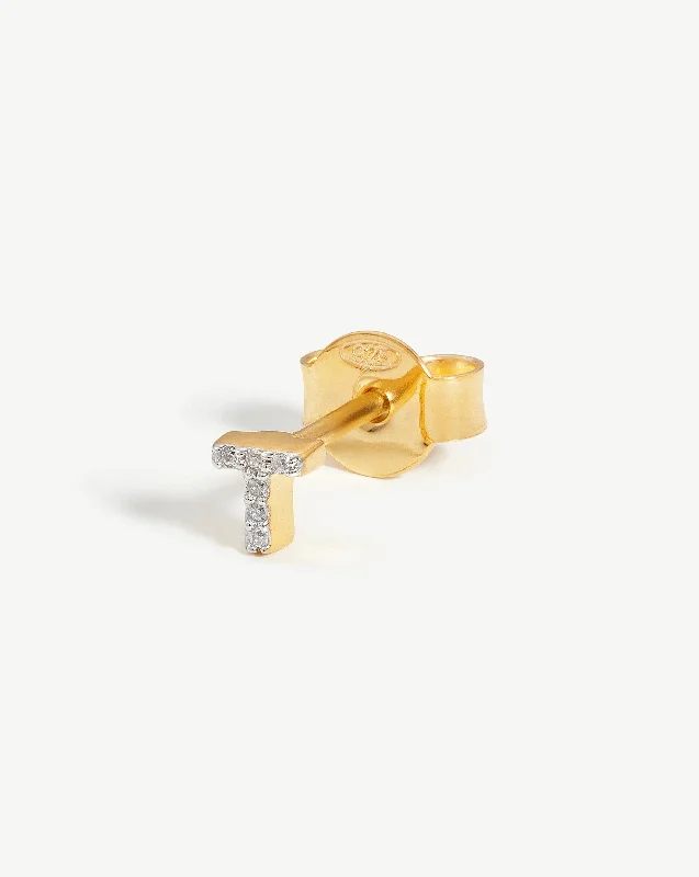 Pave Initial Single Stud Earring - Initial T | 18ct Gold Vermeil/Cubic Zirconia