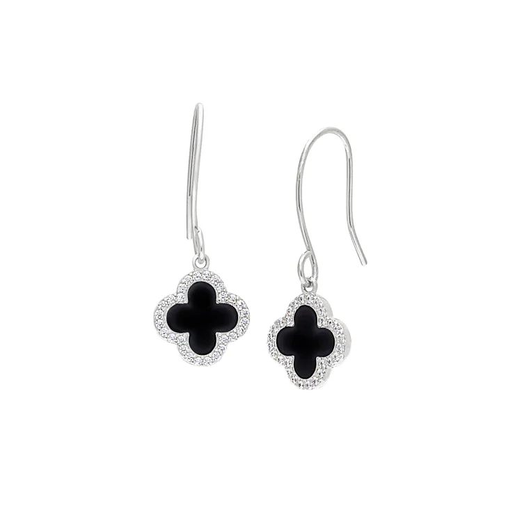 Platinum Finish Sterling Silver Micropave Black Enamel Clover Earrings with Simulated Diamonds