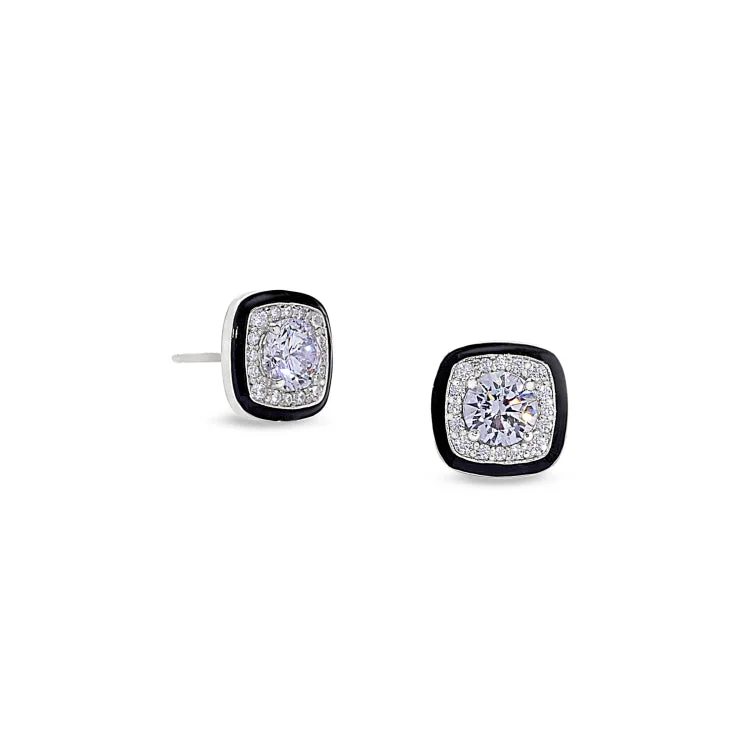 Platinum Finish Sterling Silver Micropave Cushion Cut Earrings with Thin Black Enamel and Simulated Diamonds