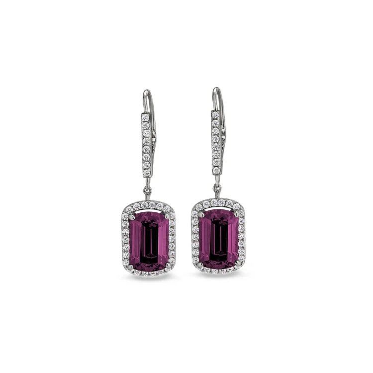 Platinum Finish Sterling Silver Micropave Emerald Cut Pink Stone Earrings with Simulated Diamongs