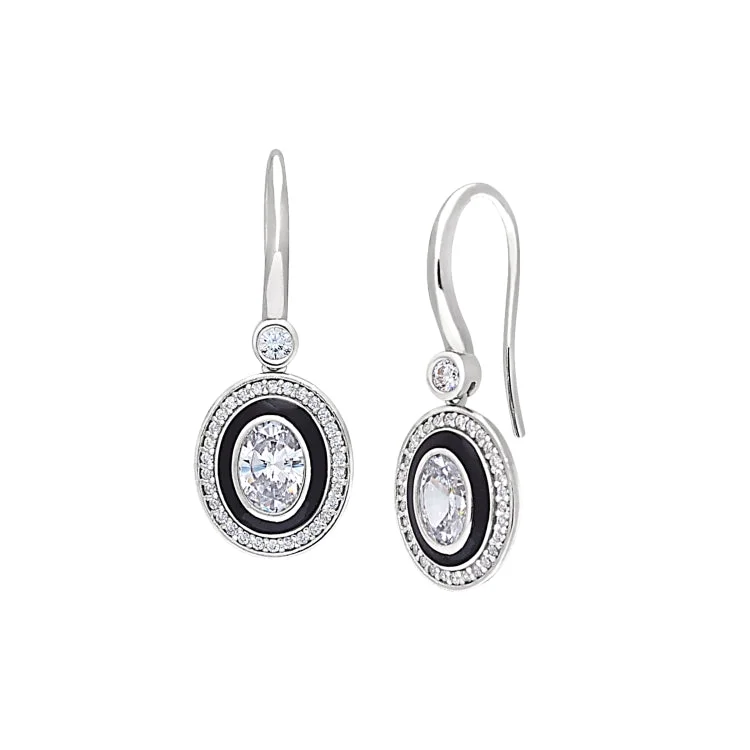 Platinum Finish Sterling Silver Micropave Oval Halo Earrings with Black Enamel and Simulated Diamonds