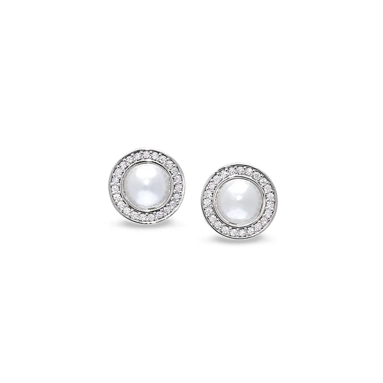 Platinum Finish Sterling Silver Micropave Round Cabochon Pearl Earrings with Simulated Diamonds