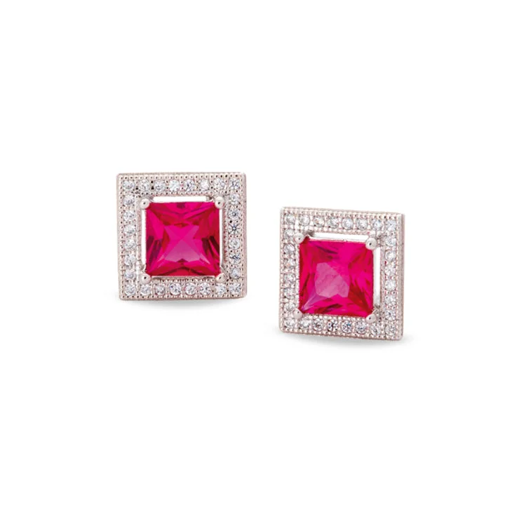 Platinum Finish Sterling Silver Micropave Simulated Ruby Princess Cut Earrings with 58 Simulated Diamonds