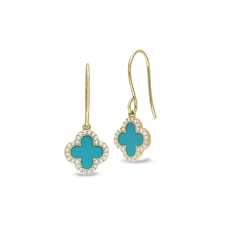 Platinum Finish Sterling Silver Micropave Turquoise Enamel Clover Earrings with Simulated Diamonds