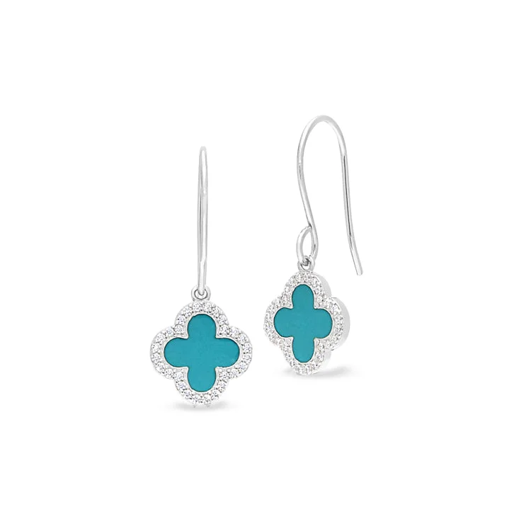 Platinum Finish Sterling Silver Micropave Turquoise Enamel Hexagon Earrings with Simulated Diamonds