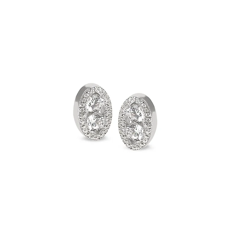 Platinum Finish Sterling Silver Micropave Two Stone Oval Earrings with Two 120 Facet Simulated Daimonds