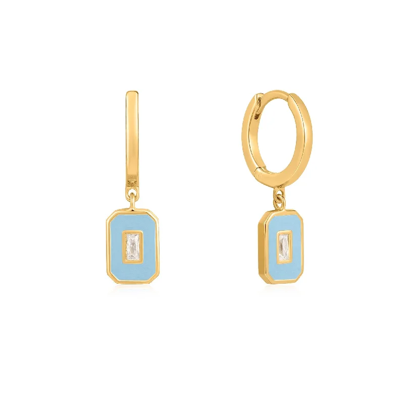 Powder Blue Enamel Emblem Gold Hoop Earrings