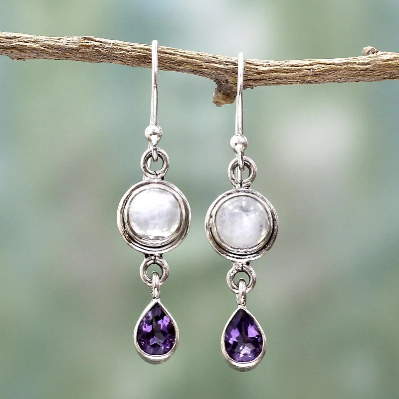 Purple Droplets Amethyst Rainbow Moonstone Dangle Earrings from India