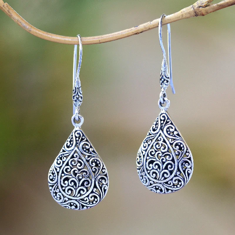 Rain Blossoms Sterling Silver Scroll Work Raindrop Dangle Earrings