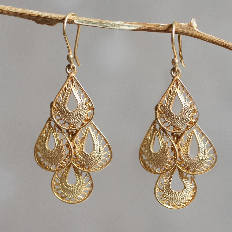 Raindrop Cascade Gold Vermeil Handcrafted Filigree Chandelier Earrings