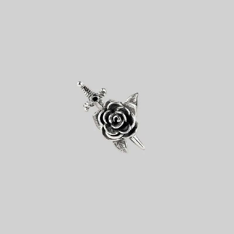 RHAPSODY. Dagger Through Rose Stud Earring - Silver