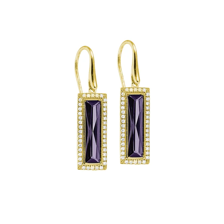 Rhodium Finish Sterling Silver Earrings with Rectangular Simulated Amethyst Stones and Simulated Diamonds