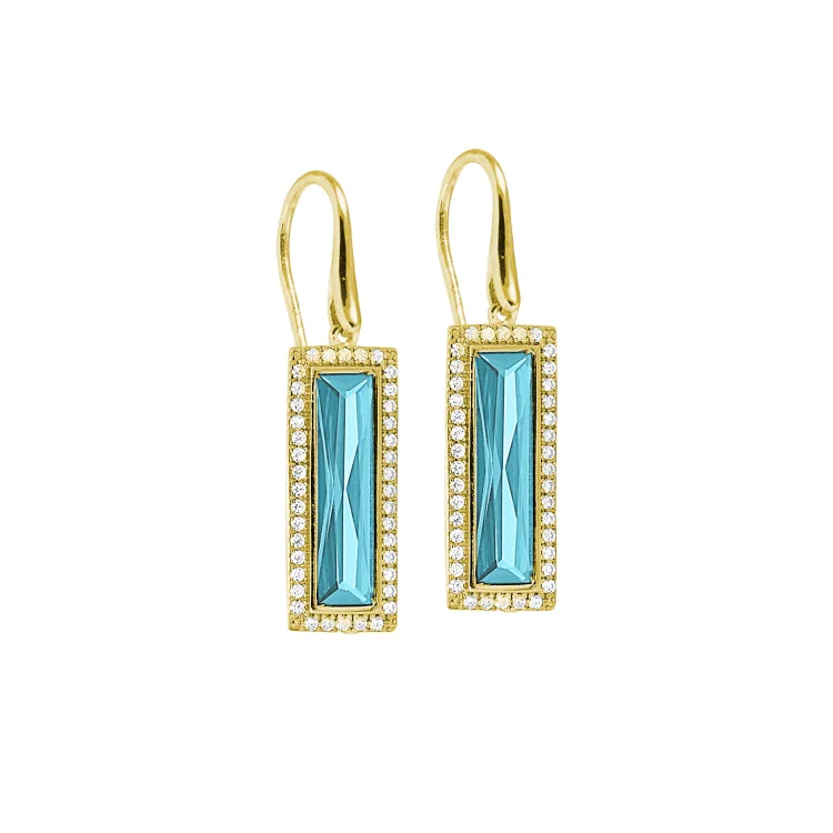 Rhodium Finish Sterling Silver Earrings with Rectangular Simulated Aquamarine Stones and Simulated Diamonds