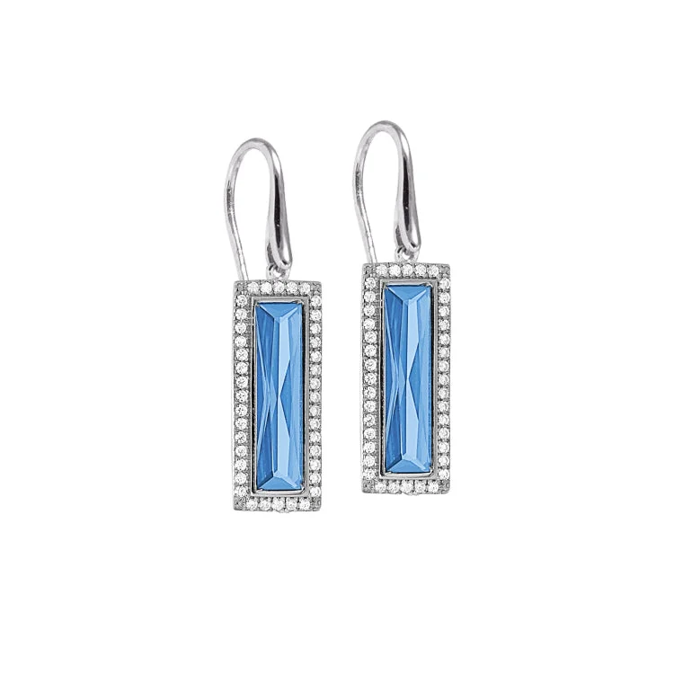 Rhodium Finish Sterling Silver Earrings with Rectangular Simulated Blue Topaz Stones and Simulated Diamonds