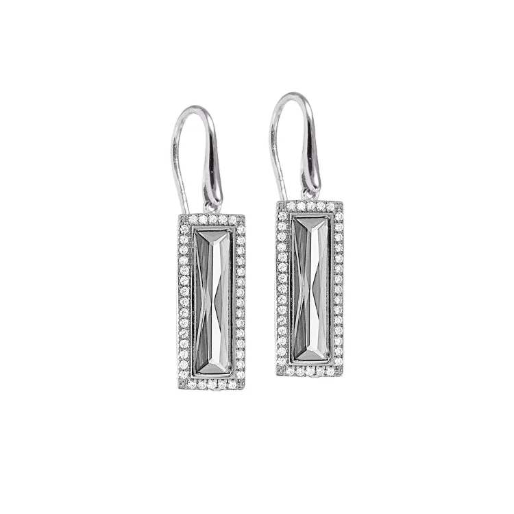 Rhodium Finish Sterling Silver Earrings with Rectangular Simulated Diamond Stones and Simulated Diamonds