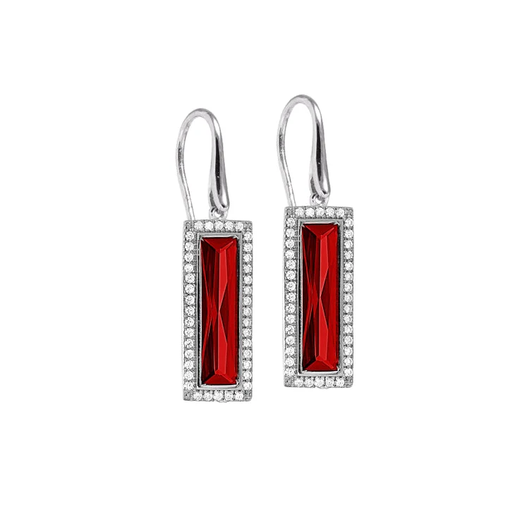 Rhodium Finish Sterling Silver Earrings with Rectangular Simulated Garnet Stones and Simulated Diamonds