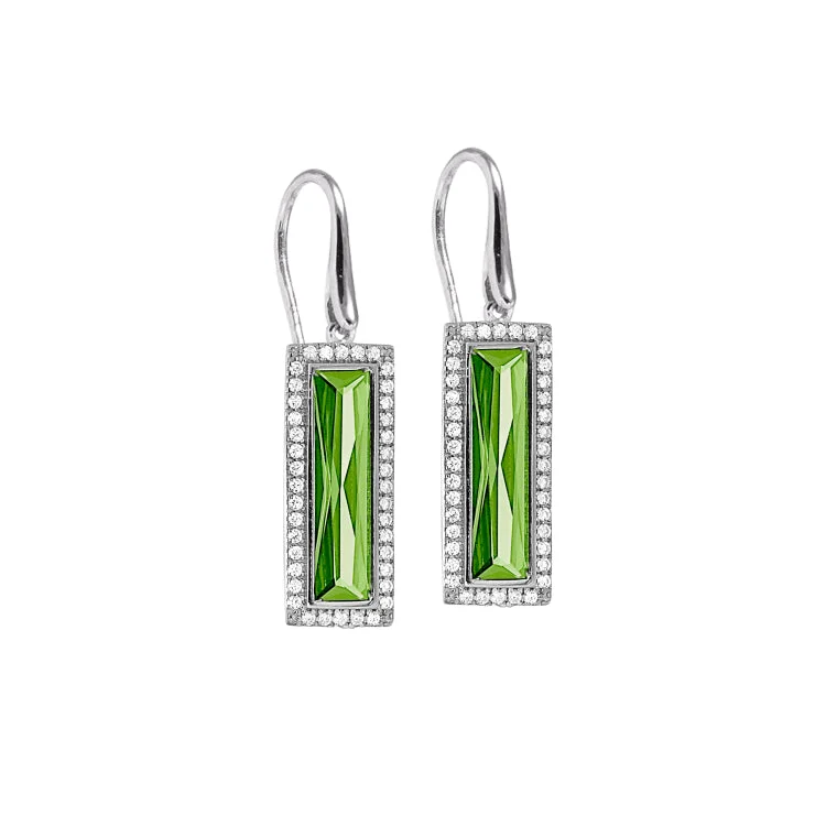 Rhodium Finish Sterling Silver Earrings with Rectangular Simulated Peridot Stones and Simulated Diamonds