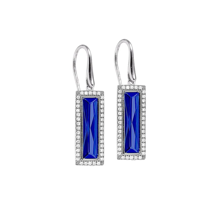 Rhodium Finish Sterling Silver Earrings with Rectangular Simulated Sapphire Stones and Simulated Diamonds