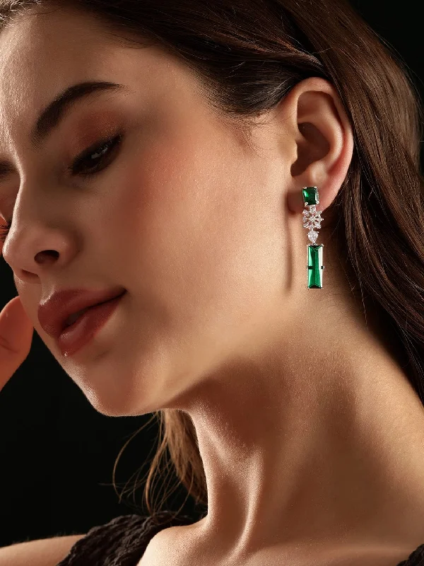 Rhodium plated Emerald green zirconia Dainty Drop Earrings