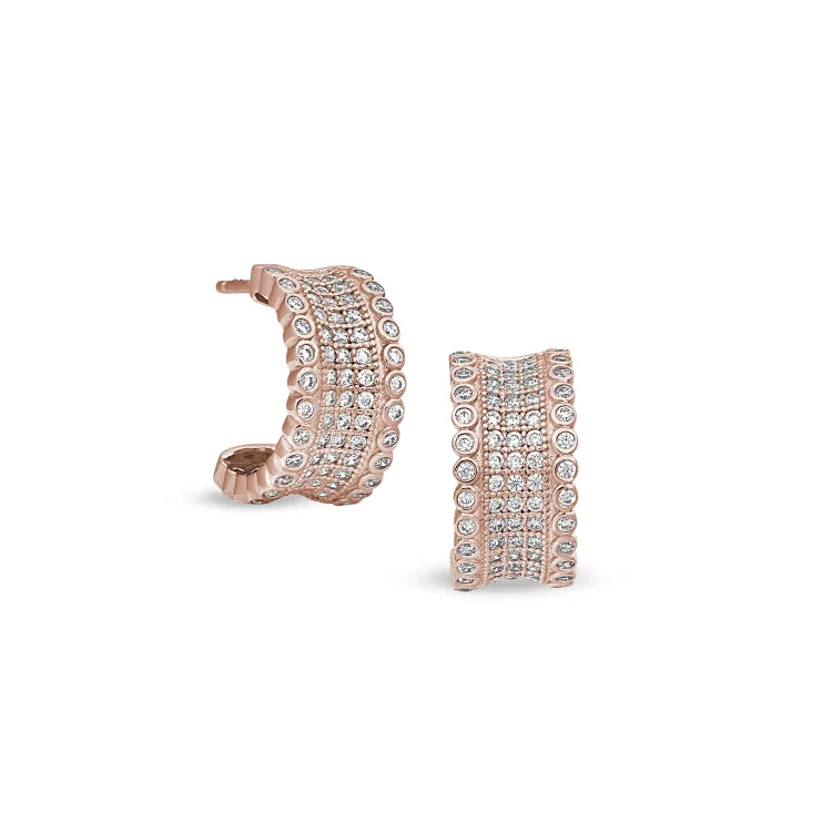 Rose Gold Finish Sterling Silver Micropave Five Row Concave Huggie Earrings with Simulated Diamonds