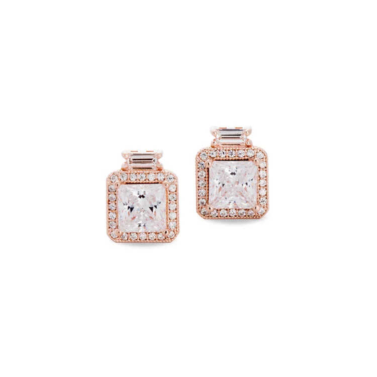 Rose Gold Finish Sterling Silver Micropave Princess Cut Earrings with 52 Simulated Diamonds