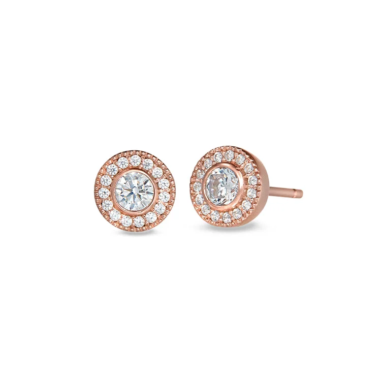 Rose Gold Finish Sterling Silver Micropave Round Simulated Diamond Earrings with Simulated Diamonds