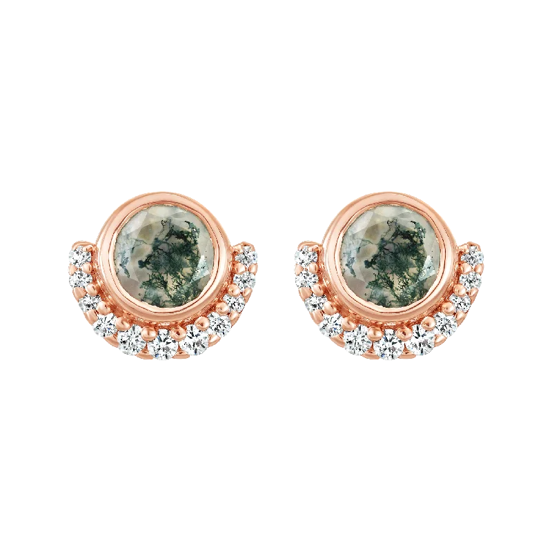 Rose Gold Moss Agate and Diamond Lunar Eclipse Studs