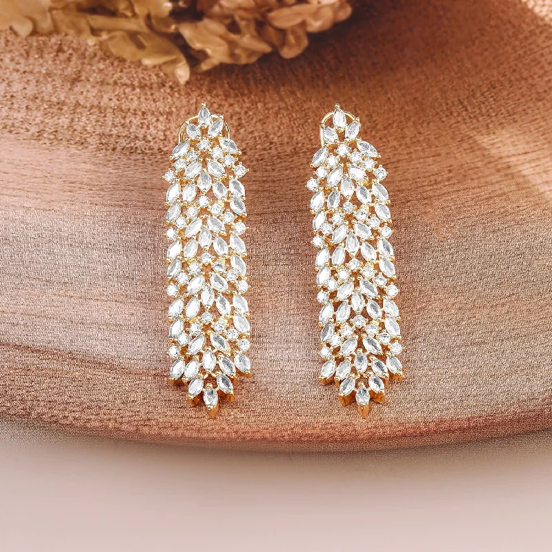 Rubans 22K Gold-Plated White Cubic Zirconia Studded Leaf Design Drop Earrings