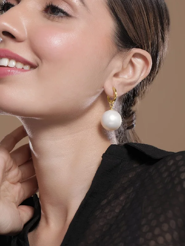 Rubans 18K Gold-Plated Hoop Earrings with Oversized Glossy Cream Pearl Drops