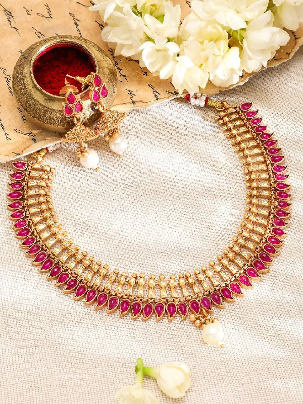 Rubans 22K Gold-Plated Ruby Pink Stone & Pearl Drop Traditional Jewellery Set