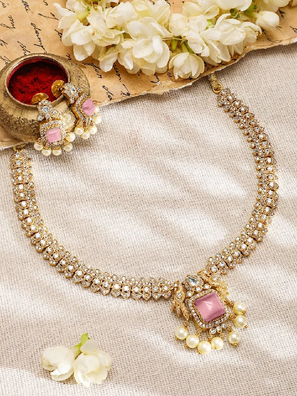 Rubans 22K Gold-Plated Pink AD & White CubicZirconia Studded Jewellery Set with Pearl Drop