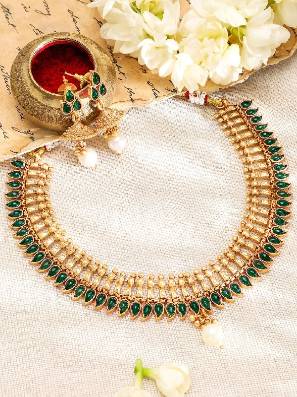 Rubans 22K Gold-Plated Emerald Green Stone & Pearl Drop Traditional Jewellery Set