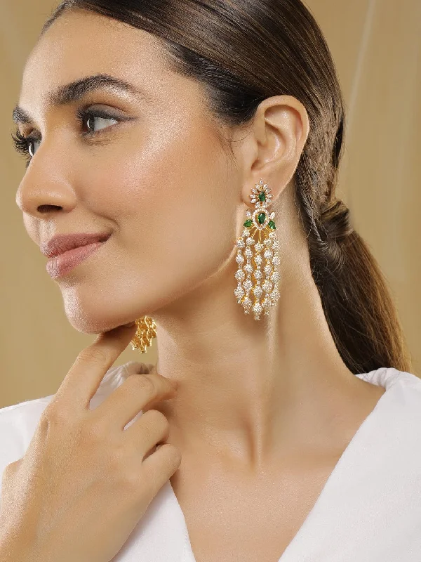 Rubans Gold-Plated Cubic Zirconia-Studded & Beaded Contemporary Drop Earrings