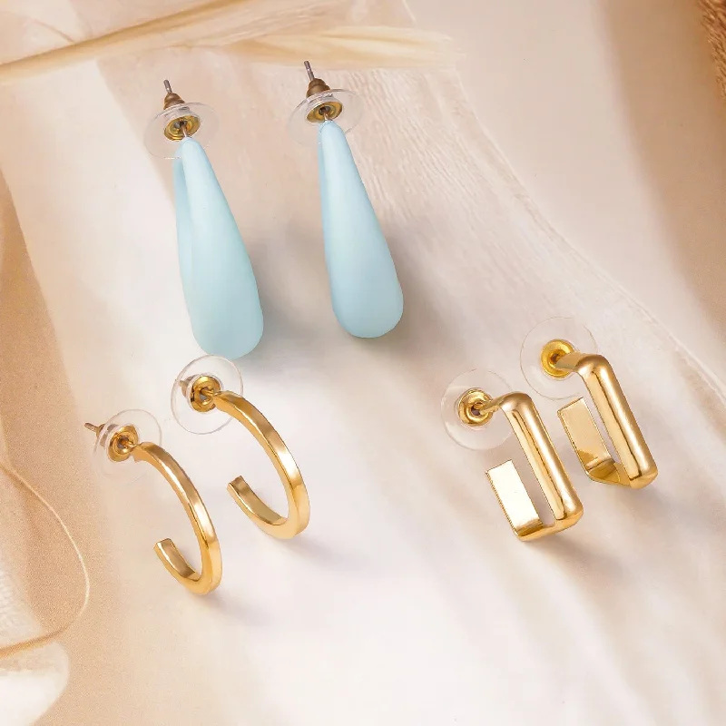 Rubans Set of 3 Earrings with Gold Plated Hoops, Blue Teardrop, and Geometric Design