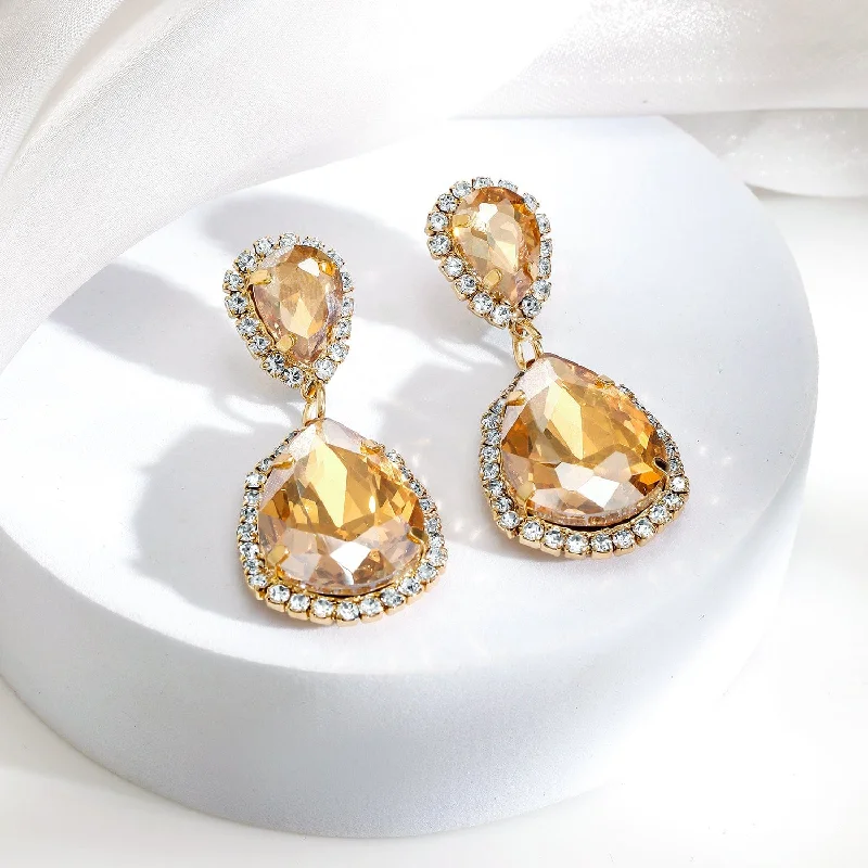 Rubans 18K Gold-Plated Champagne Crystal Drop Earrings with Cubic Zirconia Halo