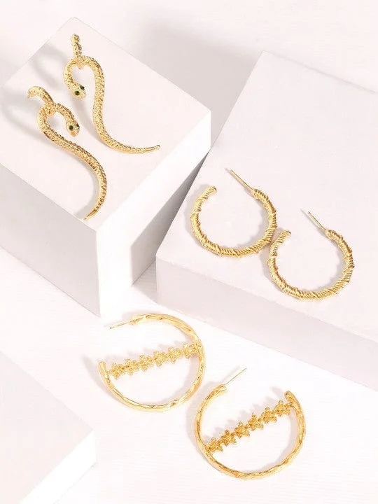 Rubans Set of 3 18K Gold-Plated Textured Hoop Earrings with Snake Drop Design