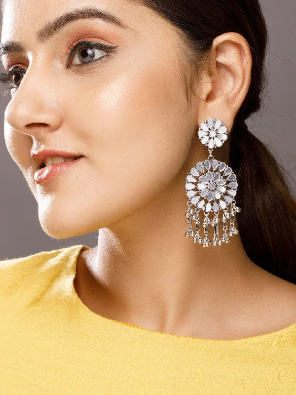 Rubans Silver-Plated Mirror Studded Circular Drop Earrings