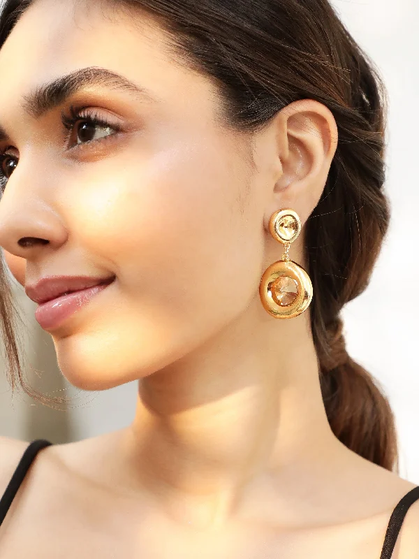 Rubans 18K Gold Plated Yellow Crystal Stone Studded Drop Earring with Bold Circular Design