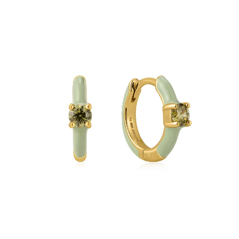 Sage Enamel Gold Huggie Hoop Earrings