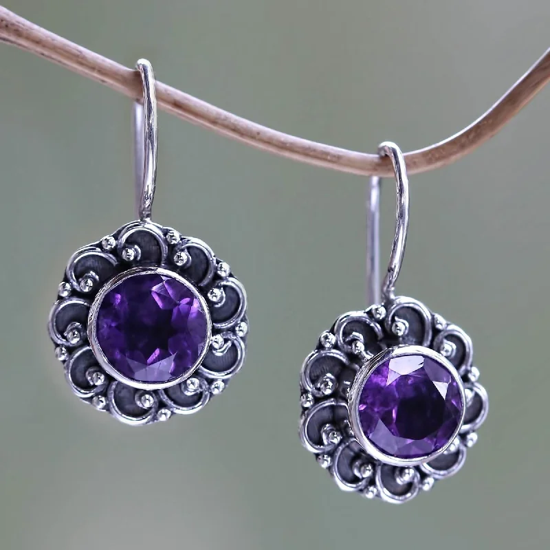 Singaraja Sunflower Purple Amethyst Sunflower Drop Earrings from Bali