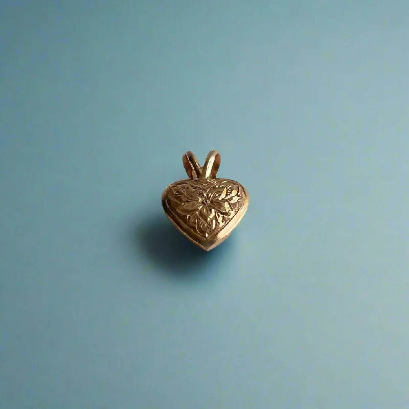 Small Puff Heart Pendant w/ Hibiscus Flower in 14K Pink Gold